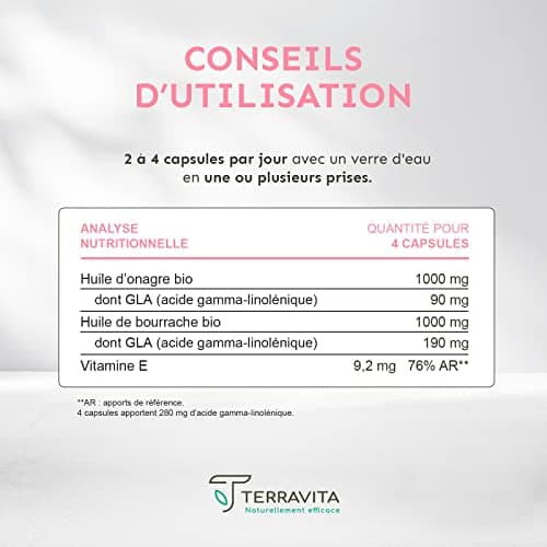 ONAGRE et BOURRACHE | Huiles BIO Première Pression à Froid | 120 Capsules de 500 mg | Hydratation de la Peau en Profondeur | Régulation du Système Hormonal | Label Ecocert Made in France | Terravita