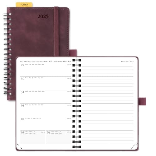 POPRUN Agenda de Poche 2025 Semainier et Carnet de Notes 16 x 10,5 cm - Couverture Spirale en Cuir A6 petite Planner, D'Jan 2025 à Déc 2025, Règle signet, Papier 100 g/m2, Bordeaux-CRT