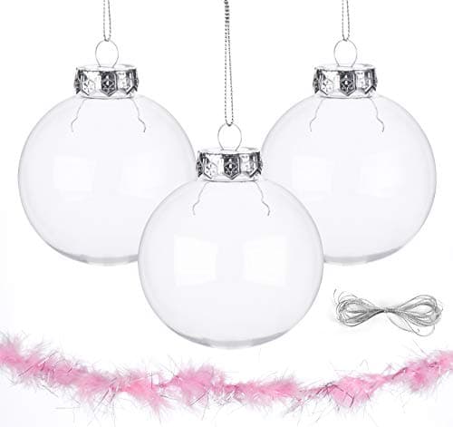ilauke 12 Boules de Noël en Plastique Transparent à Remplir,8cm Boule Noel Transparente avec 2m Plume Rose+2m Corde,Ronde Acrylique Remplissable Boule pour Arbre de Noël Décoration Intérieur Extérieur