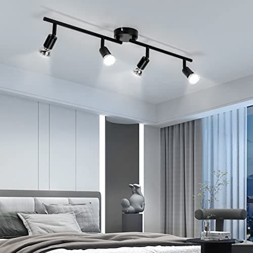 wowatt Plafonnier LED 4 Plafonnier cuisine Incl. 4x 5W Spots GU10 420lm Pivotant Salon Entrée Chambre Blanc froid Plafonnier spot 6000K Noir Moderne Inoxydable