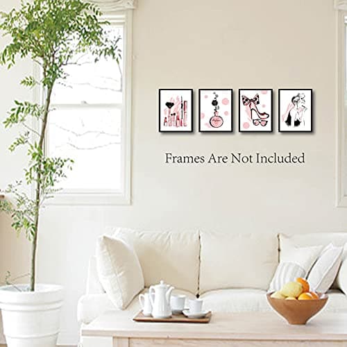 CREATCABIN 4pcs Mode Toile Mur Art Imprimer Affiche Ensemble Rose Talons Hauts Fleurs Parfum Maquillage Maison Mur Art Oeuvre Moderne pour Dressing Chambre Salle Bains Filles 8 x 10 Pouces