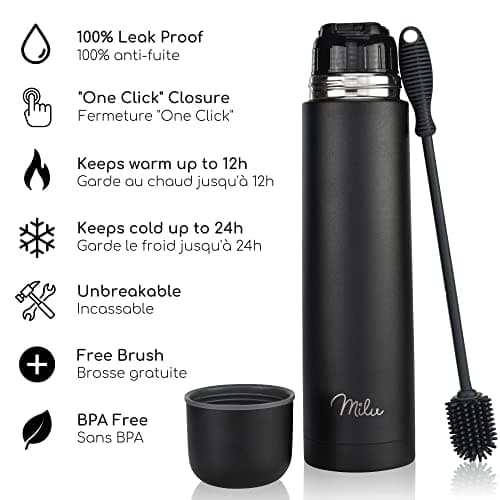 Milu Bouteille isotherme en acier inoxydable - 1L, 750ml, 500ml - Thermo Double Paroi, Sans BPA, Transport Café, Thé, Eau (Noir, 1000 ml)
