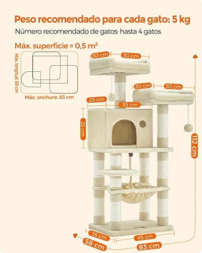 Feandrea Arbre à Chat Hauteur 112 cm, Tour de Jeux pour Chat, avec 11 Poteaux à Griffer, 2 Plateformes, 1 Niche, 1 Hamac, 2 Pompons, en Tissu Peluche, Plusieurs Niveaux, Beige PCT215M01