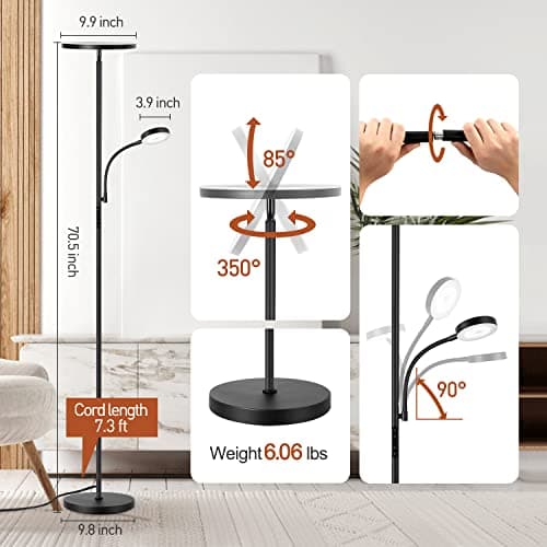 OUTON Lampadaire sur Pied LED, Lampe sur Pied Dimmable 4 Températures de Couleur, Lumière Principale de 27 W et Lampe de Lecture de 7 W, Télécommande et Contrôle tactile pour Salon, Chambre, Bureau