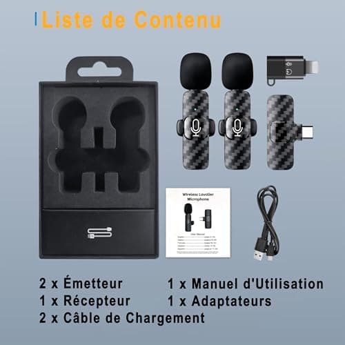 Micro Cravate sans Fil Professionnel pour iPhone/Android/Caméra, Microphone Lavalier sans Fil pour Enregistrement Vidéo, Vlogging, TikTok, YouTube, Réduction du Bruit, Plug & Play - Pack de 2 Micros