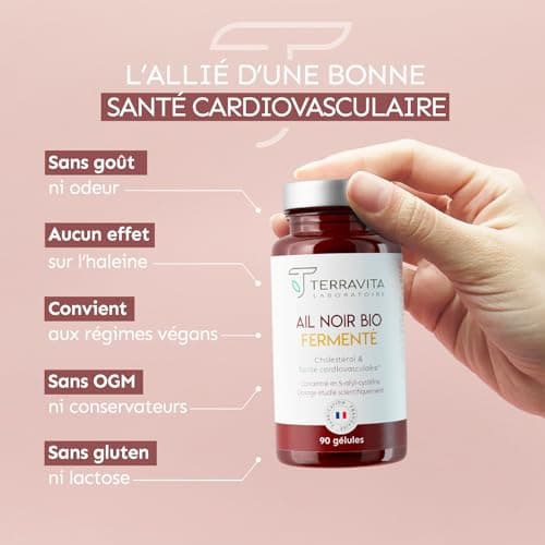 AIL NOIR Fermenté BIO | Extrait titré en S-Allyl-Cystéine | 250 mg par Gélule | Lutte contre les Lipides Sanguins - Santé Cardiaque - Circulation | 90 Gélules sans Goût | Made in France | Terravita