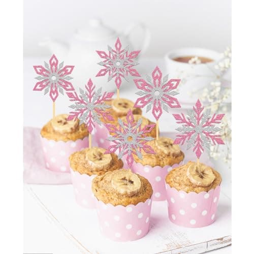 24 pièces Anniversaire Flocon de Neige Cupcake Toppers, Scintillantes Decoration Gâteau Reine des Neiges, Deco Gateau pour Mariage Noël Hiver (Mix Rose)