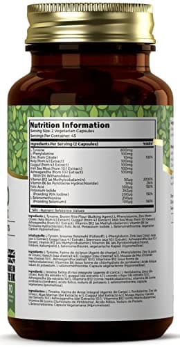 Ezyleaf Complexe Thyroïdien | Supplement Soutien Thyroïdien L Tyrosine Ashwagandha Phenylalanine Iode Zinc Varech Mousse de mer Iodure de Potassium Guggul Selenium | 90 Capsules | Certifié ISO au UK