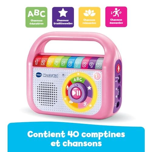 VTech - Music'Kid Rose, Baladeur Musical Enfant, Enceinte Bluetooth Lumineuse avec Comptines, Chansons Éducatives et Relaxantes, Enregistreur Vocal, Cadeau Enfant Dès 2 Ans - Contenu en Français
