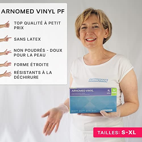 Gants jetables ARNOMED en vinyle S, 100 pièces/boîte, gant non poudre, gants jetable, gants vinyle, boite de gants jetables, gants en vinyle disponibles en tailles S, M, L & XL, gant hygiene
