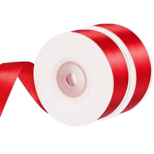2 Rouleaux Ruban Rouge Noel, 2cm X 22m Ruban Satin Rouge Ruban Cadeau Noel, Noeud Rouge Noel pour Emballage Cadeau Noël Fête Mariage Valentin Gâteau Bouquet Faire