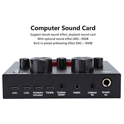 ASHATA Cartes Son externes, V8S Live Broadcast Sound Card Audio DJ Mixer, Mobile Phone USB Host Multifonction Portable Live Sound Card Computer for Karaoke Computer Live Recording