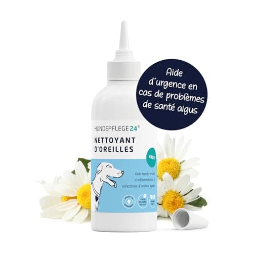 Hundepflege24 Nettoyant Oreille Chien Intense - Super Puissant en Cas d'inflammations & infections - Gouttes d'oreilles Naturelles pour Chiens avec du piroctone olamine, de la Camomille & l'aloe Vera