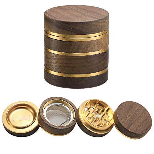 DCOU Premium Grinder Moulin à épices en bois collecteur de pollen avec couvercle magnétique et collecteur de pollen 4 pièces 2,5 pouces (Or)