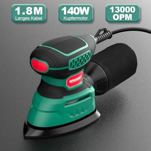 HYCHIKA Ponceuse Bois 140W, 13000 OPM Ponceuse avec dépoussiérage efficace, avec 12PCS papier de verre, idéal pour poncer le bois et enlever la rouille et la peinture