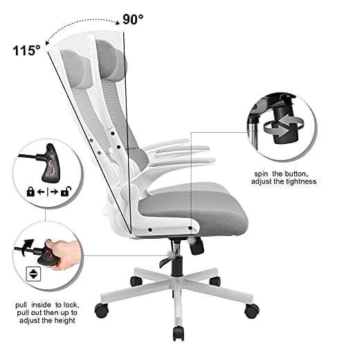 MELOKEA Chaise de Bureau Ergonomique avec Accoudoirs Rabattables,Fauteuil de Bureau Confortable avec appuie-tête réglable et Support Lombaire, Hauteur Réglable, Gris