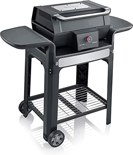 SEVERIN Barbecue électrique avec sonde thermique intégrée SEVO GTS, Gril électrique 3 000 W avec couvercle, Gril sur pieds, fonction démarrage rapide jusqu’à 500°C, Noir, PG 8107