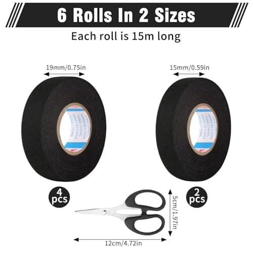 Lot de 6 rubans adhésifs en tissu pour voiture, noir, 2 tailles, faisceau de câbles, ruban isolant pour voiture, faisceau de câbles, en feutre, 19 mm x 15 m, 15 mm x 15 m