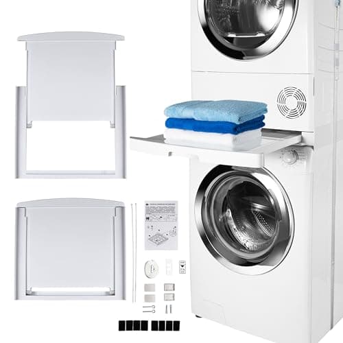 CARE+PROTECT Kit de Superposition Universel pour Lave-Linge de Profondeur 47 à 62 cm et Sèche-Linge de Taille Standard - Avec Tablette Coulissante - Optimise l'espace - Blanc - Devant Arrondi