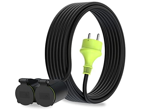 MutecPower 10m Rallonge avec 2 Prises Schuko pour Usage extérieur Câble étanche IP44 H05RR-F3G 1,5 mm2 Double rallonge 2 Prises Prolongateur électrique pour l'extérieur à 2 Voies 10 mètres Noir/Vert