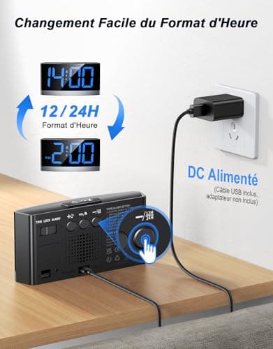 Rolgno Reveil Matin Numérique, Horloge Digitale avec Chiffres LED Bleus, Réveil Enfant & Ado Alarm Clock avec 5 Luminosité & Volume, 3 Tonalités reveille, Snooze, 12/24H, Alimenté USB(SANS Adaptateur)
