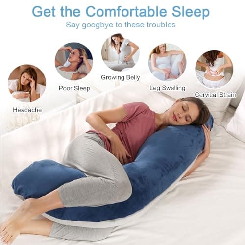 Coussin de Grossesse pour Dormir, Oreiller de Grossesse pour Femme Enceinte en Forme de J Support Coussin d'allaitement et Coussin de Maternité avec Housse Lavable et Remplable, Velours Bleu Gris