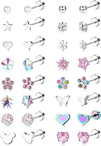 Diamday 16 Paires Boucles d'Oreilles à Vis pour Filles Femmes Acier Inoxydable Petit Cartilage Boucles d'Oreilles CZ Cœur Fleur Étoile Vis Dos Plat Boucles d'Oreilles Tragus Helix Bijoux Multicolore B