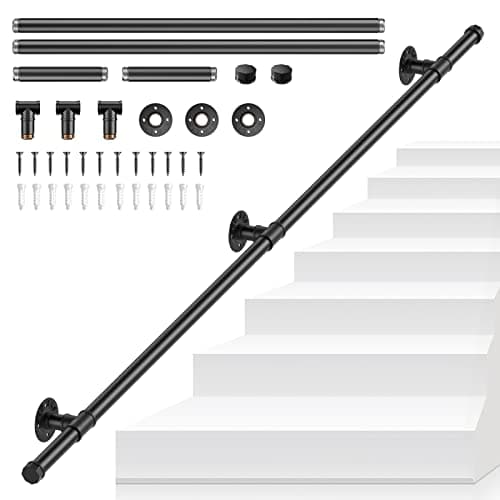 VAYOTOY Main Courante pour Escalier Intérieur Extérieur, Antidérapante Rampe d'escalier Métal Acier Galvanisé Corps de Support Poignée Rambarde de Sécurité, Noir 200 cm