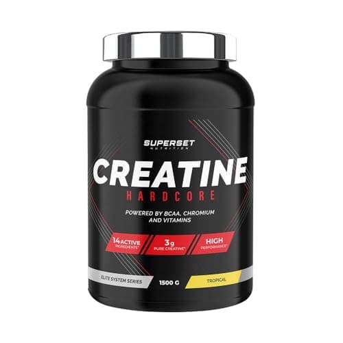Superset Nutrition - Creatine Hardcore (1,5kg) - Poudre soluble - 3g de créatine monohydrate par dose, BCAA, Glucides - Récupération optimale et puissance - Adaptée aux sports intenses - Tropical
