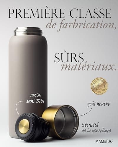 MAMEIDO Bouteille Isotherme 1l avec Mug en Acier inox, Gourde Isotherme 1l chaude 12h, Thermos 1l étanche 100% sans BPA, café et thé pour la route (Taupe Grey Gold, 1000ml)
