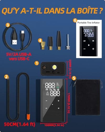 yanace 12000mAh Compresseur à Air Portatif - 4X Rapide, Batterie Rechargeable, 10.3Bar Mini Gonfleur Pneus Voiture sans fil, 150PSI Pompe a Velo Electrique pour Auto, SUV, Trotinette, Moto et Football