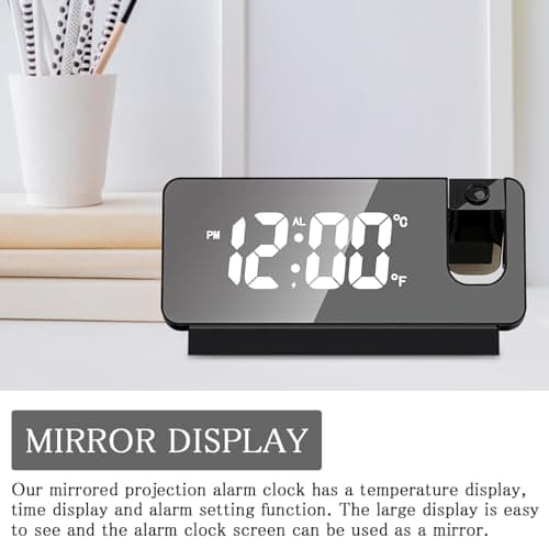 TNSLAND Réveil à projection, radio-réveil avec projection 180 °, réveil LED, horloge numérique, snooze, double gong, température USB, fonction de charge, horloge de projection pour la maison, le