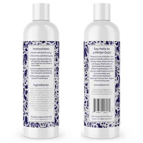 Petpost | Shampooing blanchissant pour Chiens - Le Meilleur Traitement blanchissant pour Chien à Fourrure Blanche - parfumpastèque - pour Maltais, Shih Tzu, Bichon Frise - 474 ML