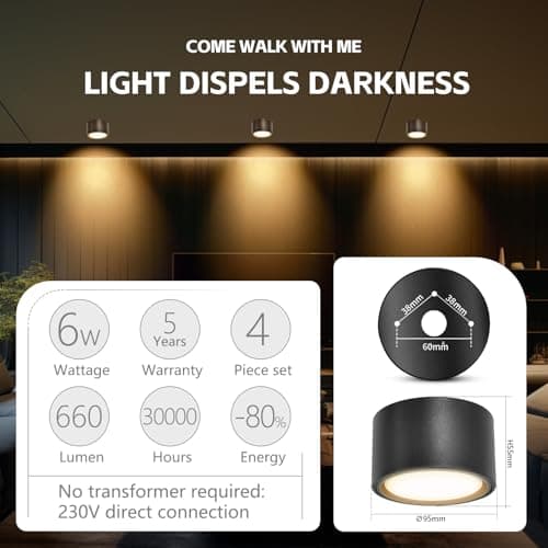 YindaLux Lot de 4 Spot LED de Surface Noir Plafonnier Spot incl. LED GX53 6W 3000K 230V -rond Ø95x55mm -comme Downlight, Spots de Plafond, plafonnier led en aluminium