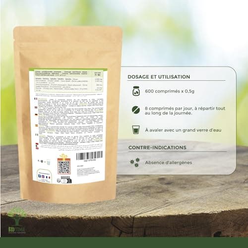 Spiruline Bio - Bioptimal - Complément alimentaire - BCAA Fer Vitamine A - 65% de Protéine - 17% de Phycocyanine - 500 mg/comprimé - Conditionnée en France - Certification Ecocert - 600 comprimés