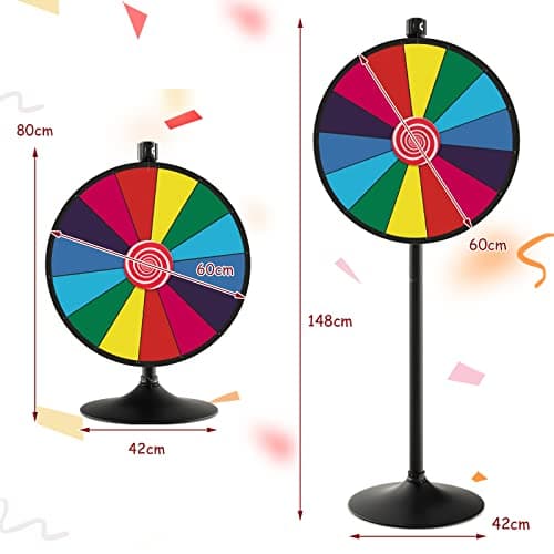 COSTWAY Roue de la Fortune 60cm à Hauteur Réglable avec 14 Emplacements, Roue de Loterie sur Pieds avec Marqueur Effaçable à Sec & Effaceur, Base Solide