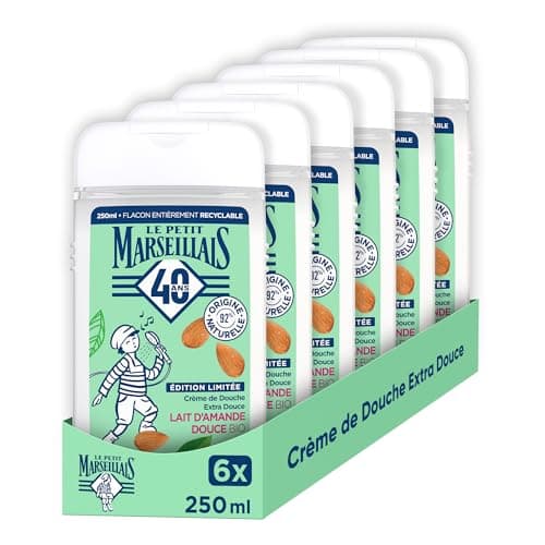 Le Petit Marseillais Crème de Douche Lait d'Amande Douce Bio, 6 x 250 mL | Extra Douce, Gel douche avec 92 % d'ingrédients d'origine naturelle, pH neutre pour la peau et sans colorant