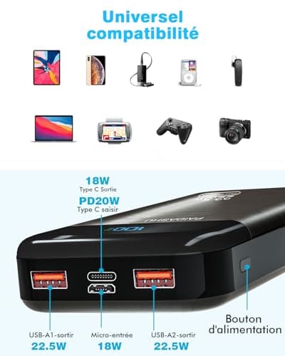Power Bank 27,000mAh Recharge Rapide Batterie Externe 3A USB C Chargeur Portable avec écran LCD, 3 Sorties et 2 entrées Compatible avec téléphone, tablettes
