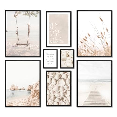 ARTFAVES® - Lot d'affiches - PLAGE DE RÊVE - Décoration murale 8 affiches modernes Plage, beige, mer, herbes de la pampa, coquillages - cadres noirs