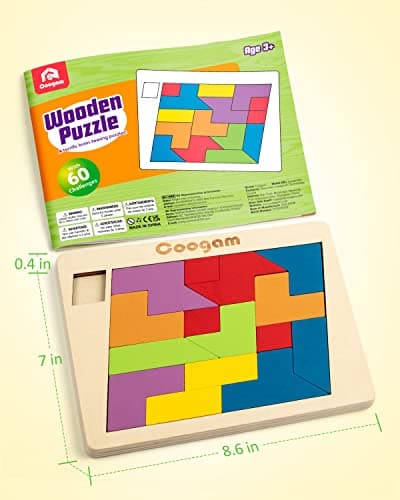 Coogam Blocs de puzzle en bois géométrique Tangram casse-tête puzzle 3D logique QI jeu coloré motif STEM jouets éducatifs cadeau 60 défis pour tous les âges