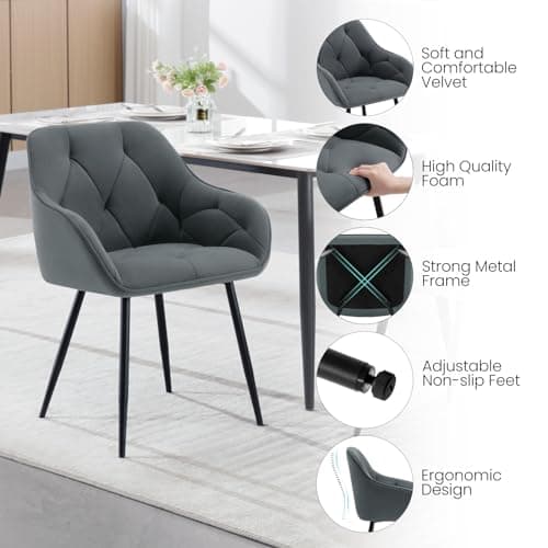 WOLTU Lot de 4 Chaises de Salle à Manger, Chaises de Cuisine Rembourrées avec Dossier, Accoudoirs, Pieds en Métal, pour Salon, Bureau, Coiffeuse, en Velours, Gris foncé, EZS02dgr-4