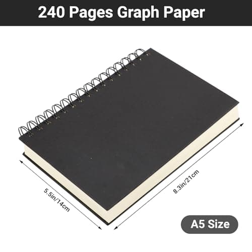 Yarotm Spirale Carnet A5 - Cahier de Note Petit Carreaux 1 Pièce - Carnet de Notes A5 100g / m2 Papier - 240 Pages Cahier a Spirale Carreaux 5mm - A5 Bloc Note Croquis Journal Rigide, Noir