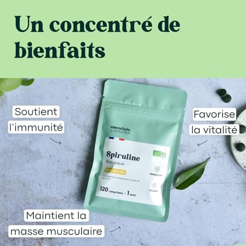 Spiruline Bio 500 mg, Pure et Naturelle, Cure de 1 mois, Réduit la Fatigue, Favorise l'Immunité, 120 Comprimés Vegan, Riche en Protéines et Phycocyanine, Essentials by Novoma