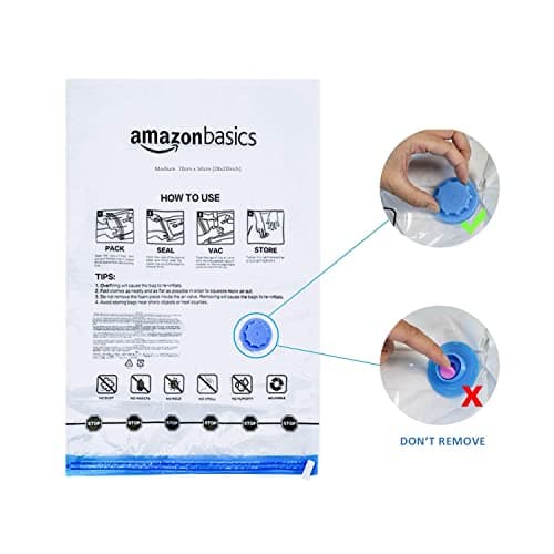 Amazon Basics de rangement sous vide avec pompe manuelle, Lot de 12, (3 jumbo, 3L, 3M, 3S), Fermeture éclair, Multiple, Blanc,bleu