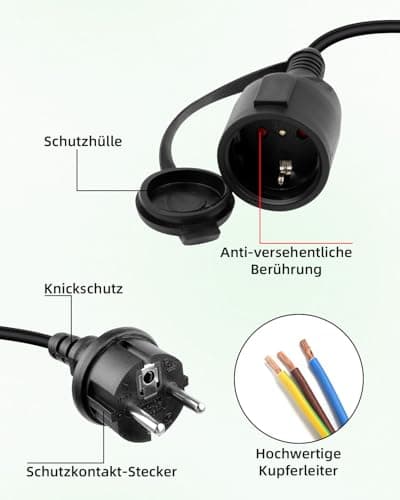 RIIEYOCA Câble d'extension Shucko,Schuko Europe mâle vers Femelle câble d'extension, 16A 250V, 2 pôles fiche d'alimentation avec Contact de Protection avec Capuchon pour PDU UPS, Noir, 0,5 m