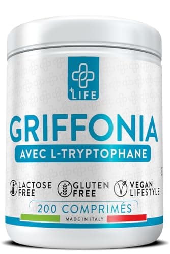 GRIFFONIA Tryptophane Forte Dose PiuLife® 200 Comprimés De 400mg, L tryptophane Précurseur De La Serotonine, Somnifere Puissant Pour Dormir Mieux Naturel, Bonne Humeur, Anti Anxiete et Stress