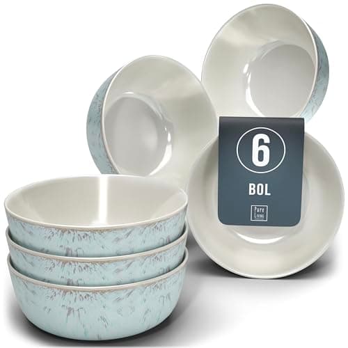 Ensemble 6 Bols Céréales Grès Ibiza - Muesli, Lave-vaisselle, Micro-ondes - Petits Bols Assiettes Creuses, Pure Living beige-bleu, Service de Table Élégant