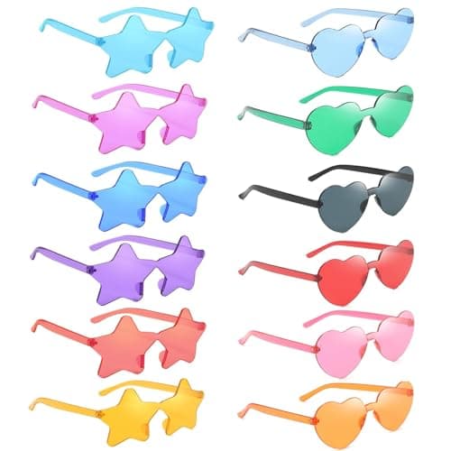 SHSHbuy Lunettes de Fête,12 Paires de Lunettes en Forme de Coeur Étoile Hippie Rétro,Drôle de Lunettes de Soleil de Fête Pour Fête D'anniversaire,Carnaval Accessoires Photo