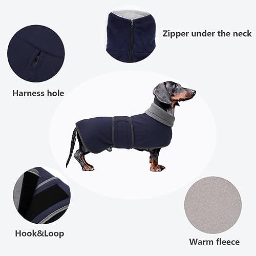 Manteau pour teckel - Manteau en polaire pour chien - En hiver - Avec fermeture Velcro et bordure réfléchissante haute visibilité - Bleu marine - XS
