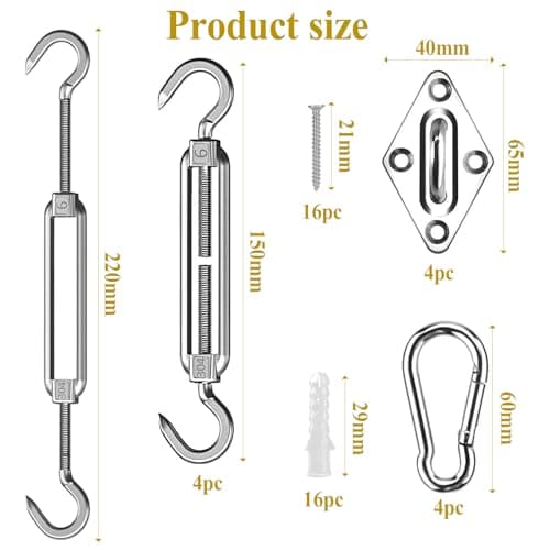 LPAOIS Kit de Fixation Voile d'ombrage,44Pcs Kit de Montage Fixations d'ombrage de Voile,Acier Inoxydable 304 Kit Accessoires de Fixation de matériel,Kit de Fixation pour Voile de Jardin pour Jardin